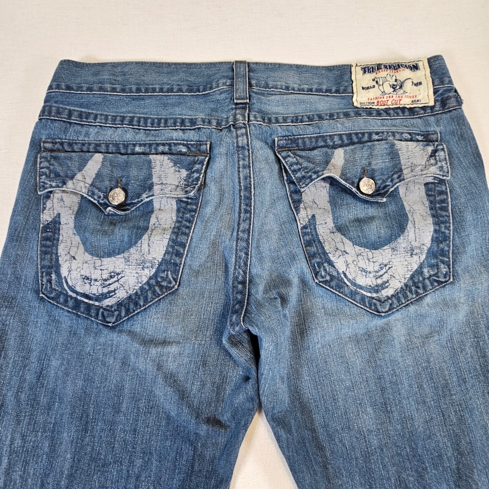 True Religion Mens Boot Cut Jeans Blue Distressed Graphic Back Pocket 40 USA